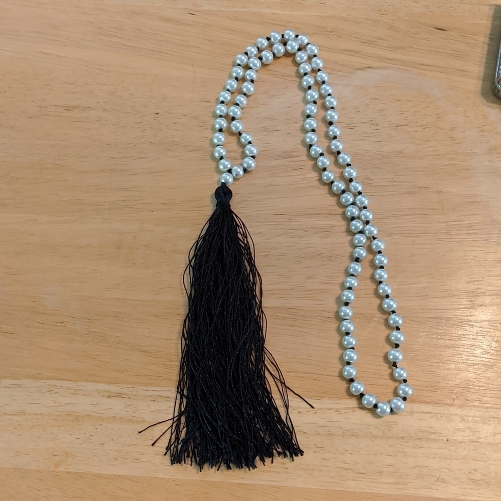 White Faux Pearl and Black Silk Tassel Fringe Statement Necklace